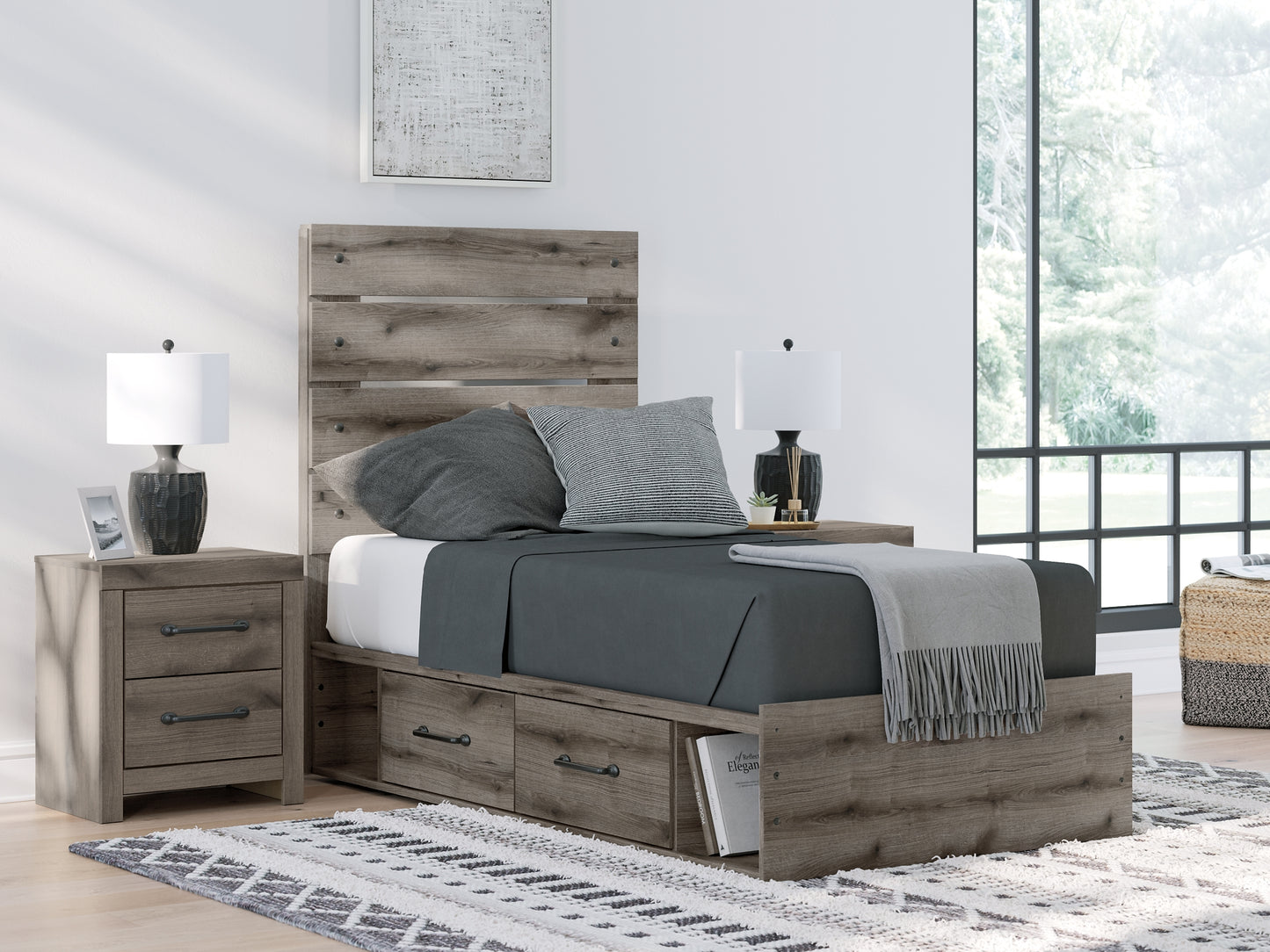 Graystorm Twin Panel Storage Bed with Mirrored Dresser and Nightstand