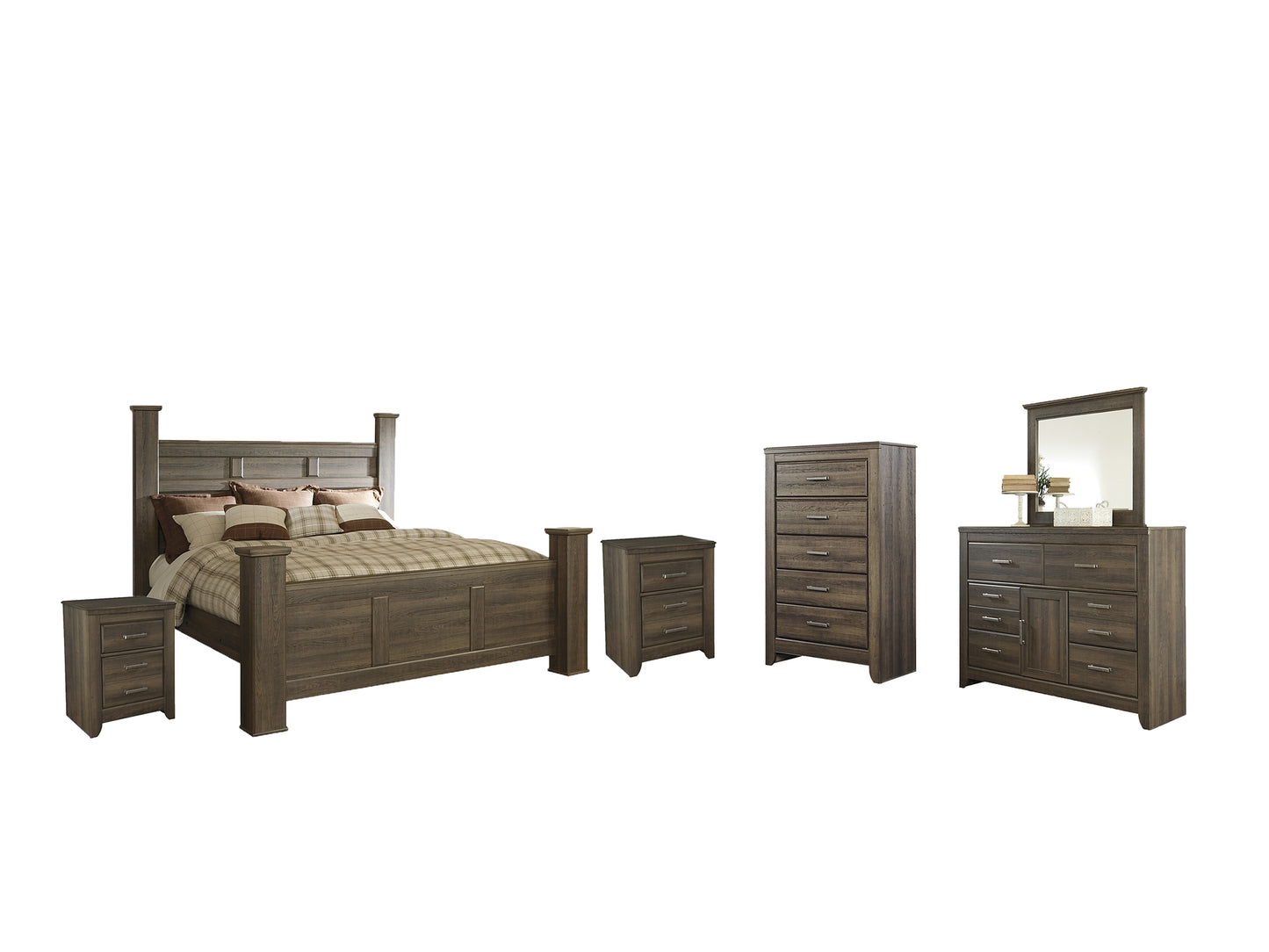 Juararo California King Poster Bed with Mirrored Dresser, Chest and 2 Nightstands