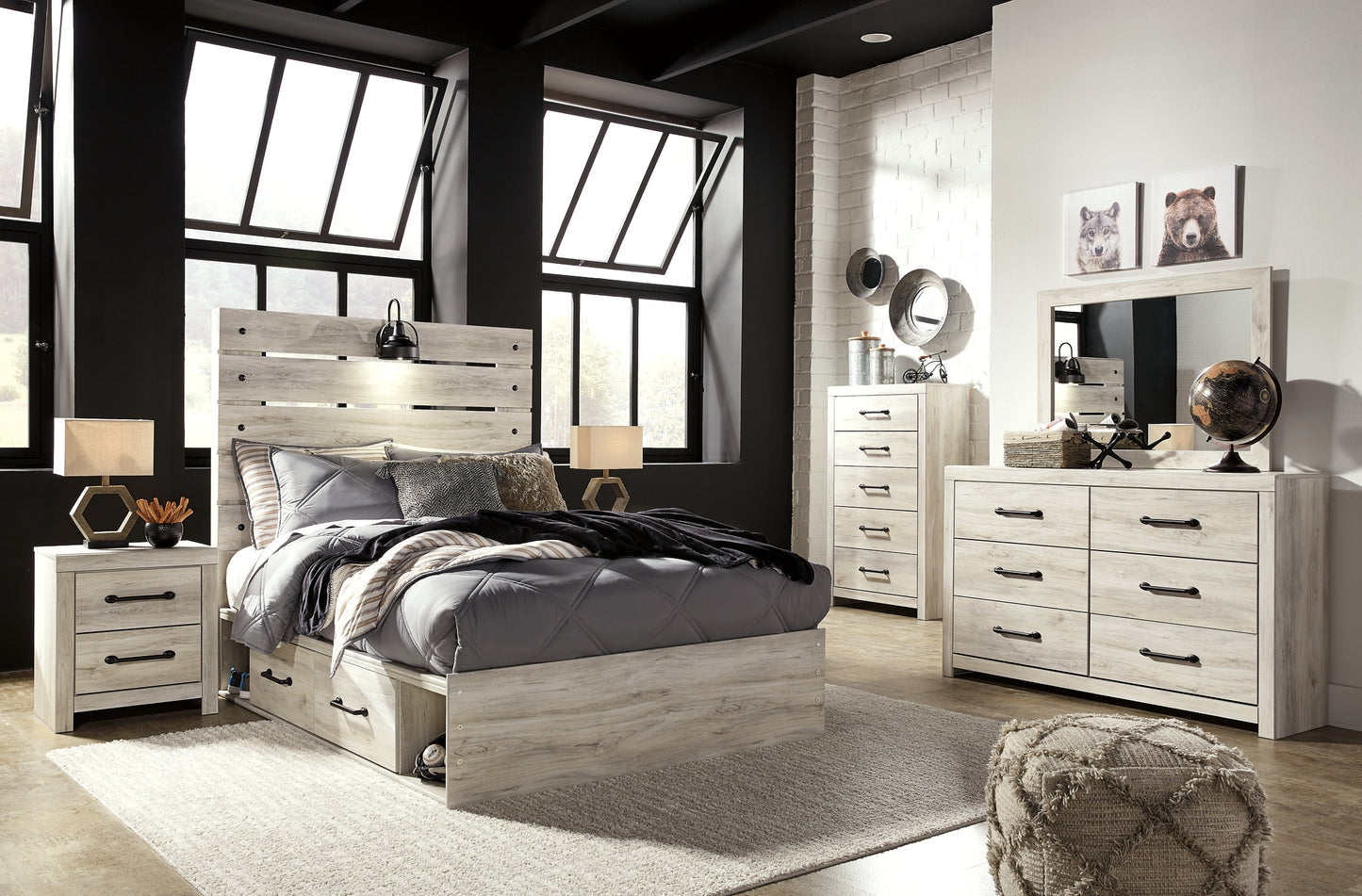 Cambeck Full Panel Bed with 4 Storage Drawers with Mirrored Dresser, Chest and 2 Nightstands