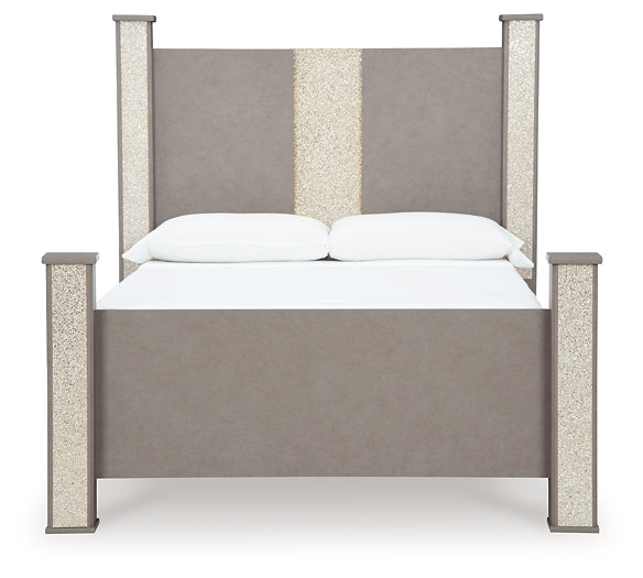 Surancha Queen Poster Bed with Mirrored Dresser and 2 Nightstands
